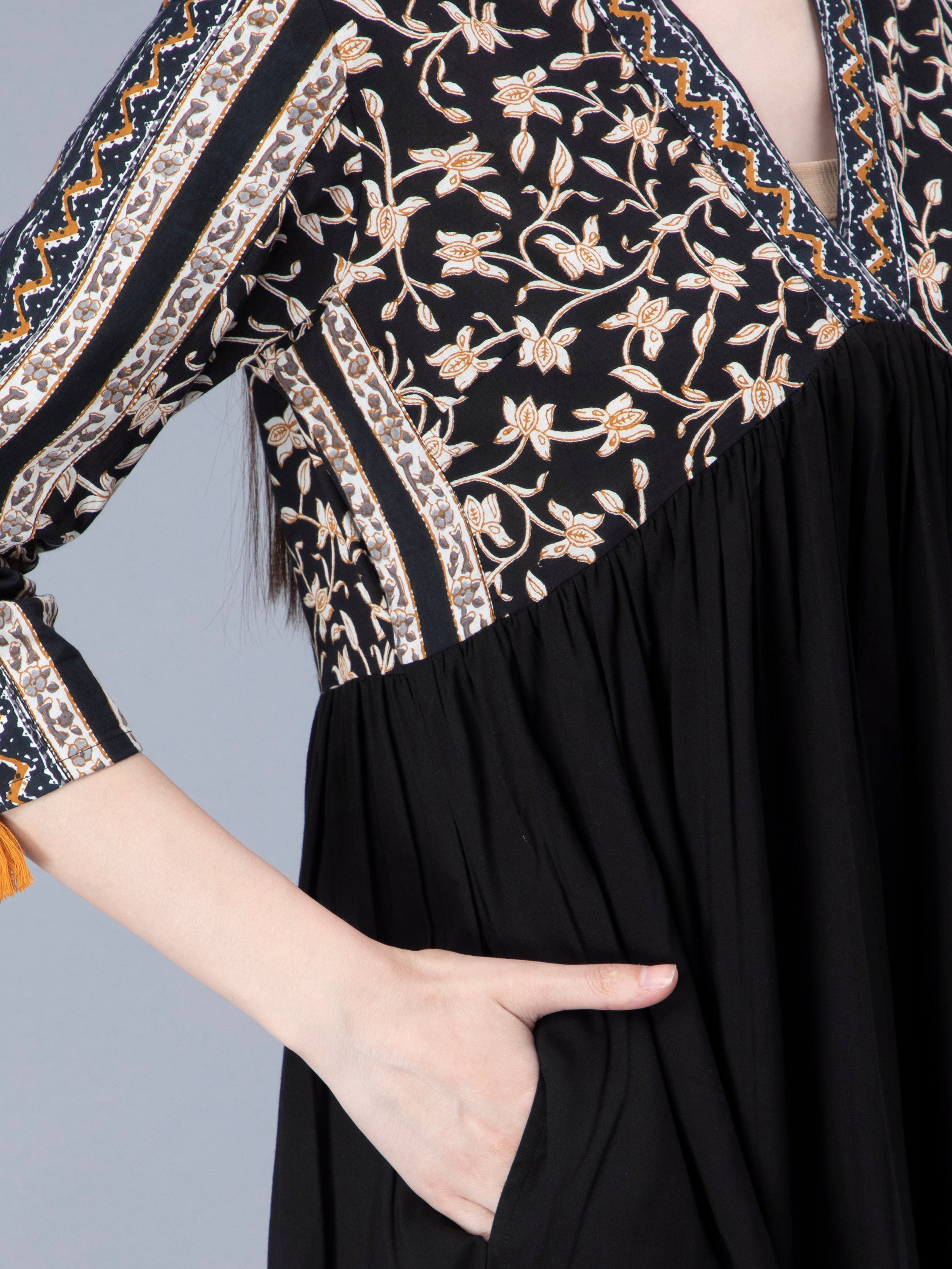 Black Cotton Floral Printed Flared Dress